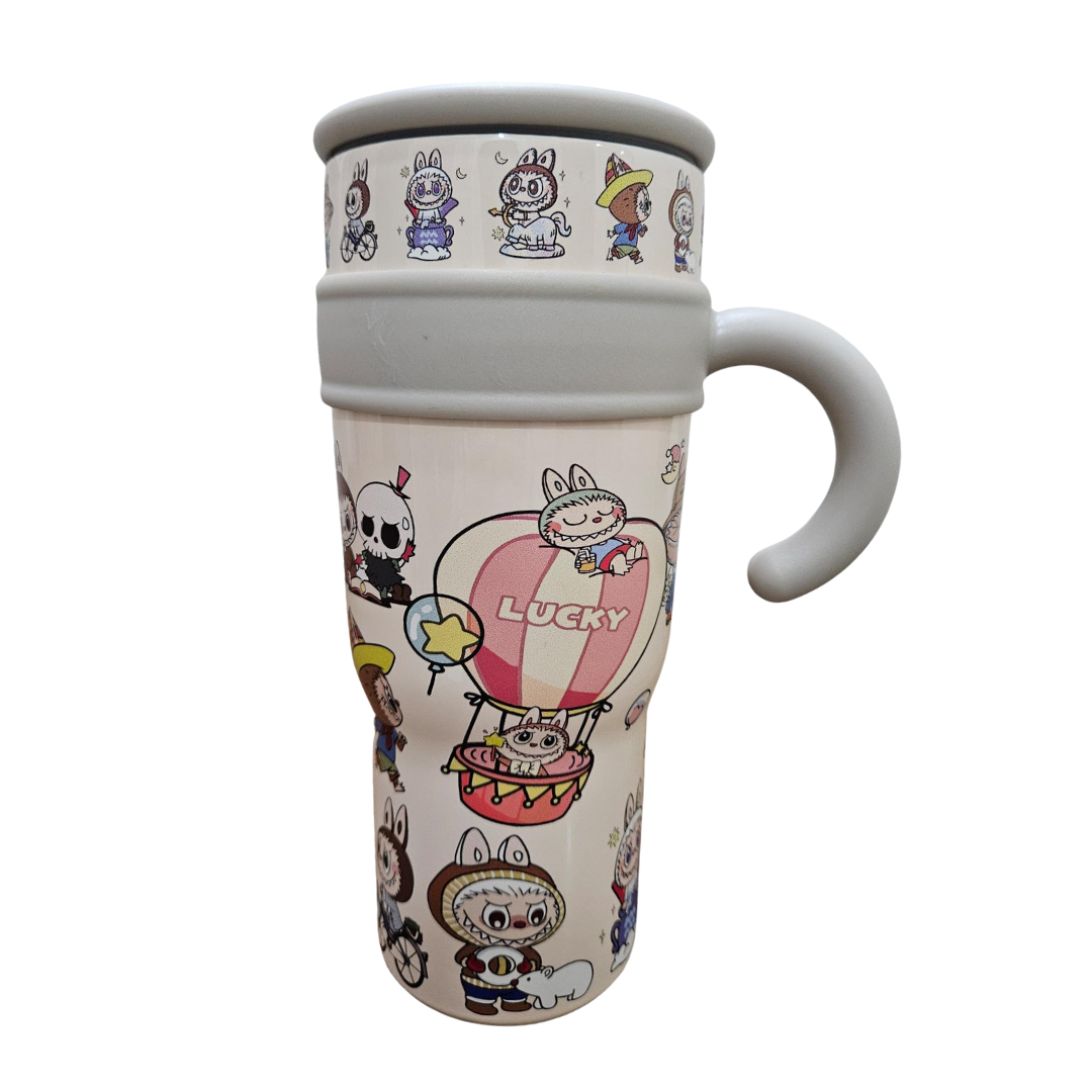 UNNIES Cartoon Character Labubu Tumbler 40oz | Stainless Steel Vacuum Insulated Travel Mug with Lid & Straw | Hot & Cold | Beige / Yellow / Blue