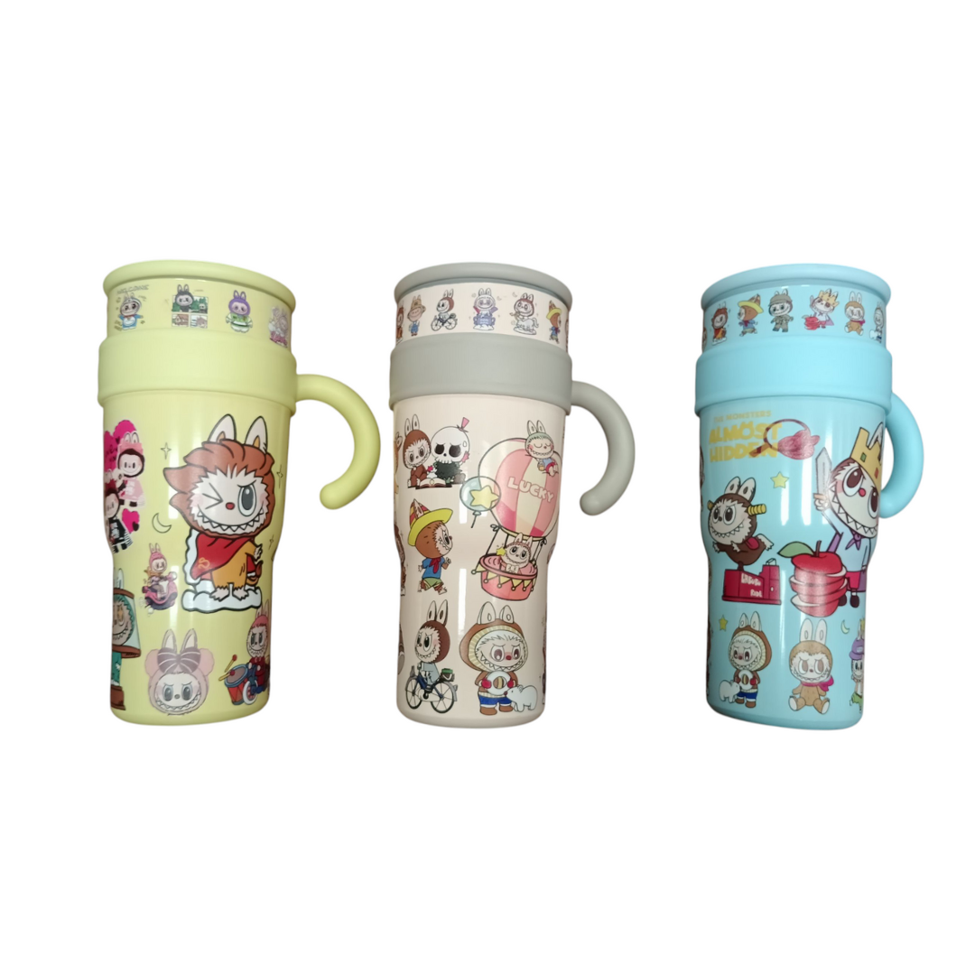 UNNIES Cartoon Character Labubu Tumbler 40oz | Stainless Steel Vacuum Insulated Travel Mug with Lid & Straw | Hot & Cold | Beige / Yellow / Blue