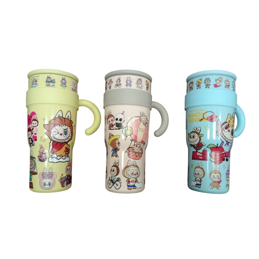 UNNIES Cartoon Character Labubu Tumbler 40oz | Stainless Steel Vacuum Insulated Travel Mug with Lid & Straw | Hot & Cold | Beige / Yellow / Blue