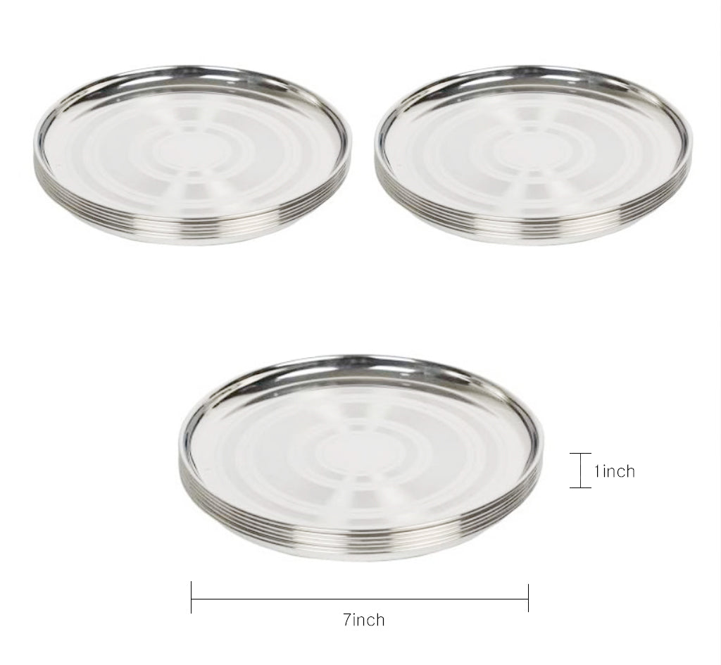 Set of 12 Stainless Steel Round Heavy Gauge Dinner Plate with Circle Design 7inch
