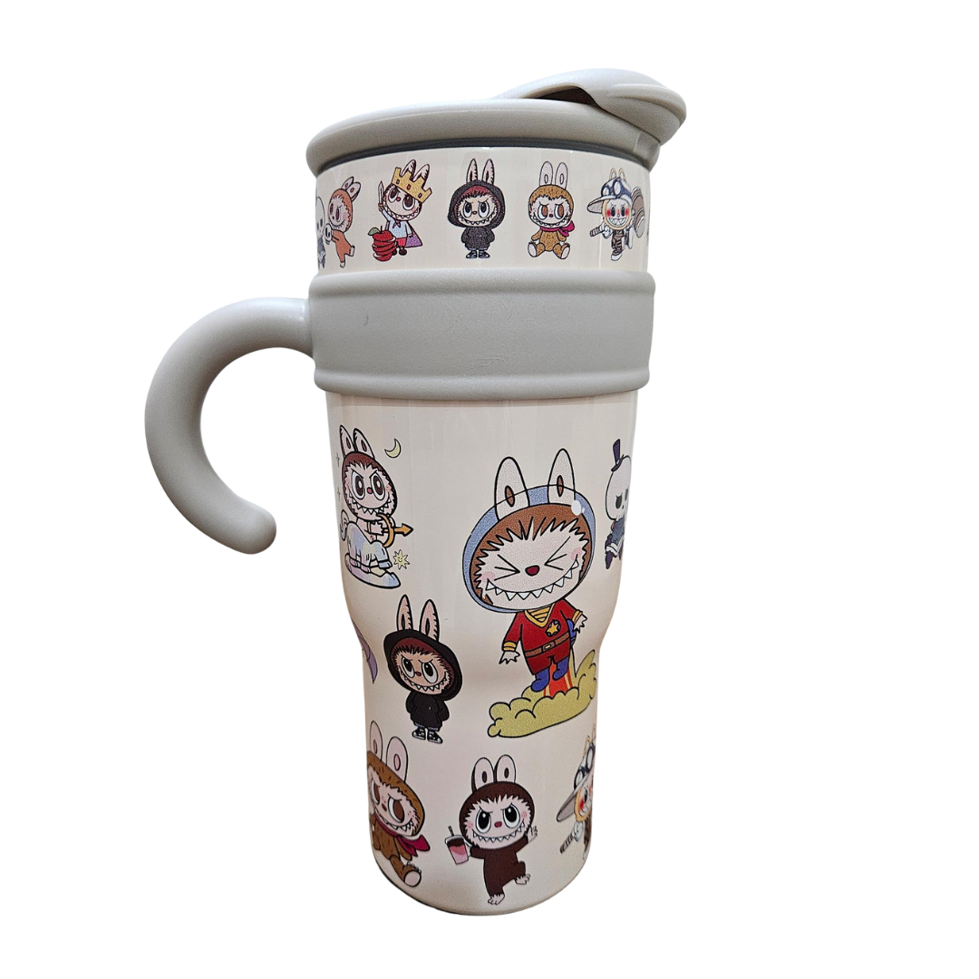 UNNIES Cartoon Character Labubu Tumbler 40oz | Stainless Steel Vacuum Insulated Travel Mug with Lid & Straw | Hot & Cold | Beige / Yellow / Blue