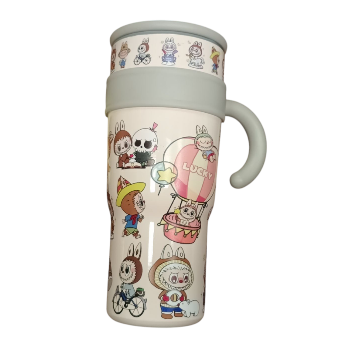 UNNIES Cartoon Character Labubu Tumbler 40oz | Stainless Steel Vacuum Insulated Travel Mug with Lid & Straw | Hot & Cold | Beige / Yellow / Blue