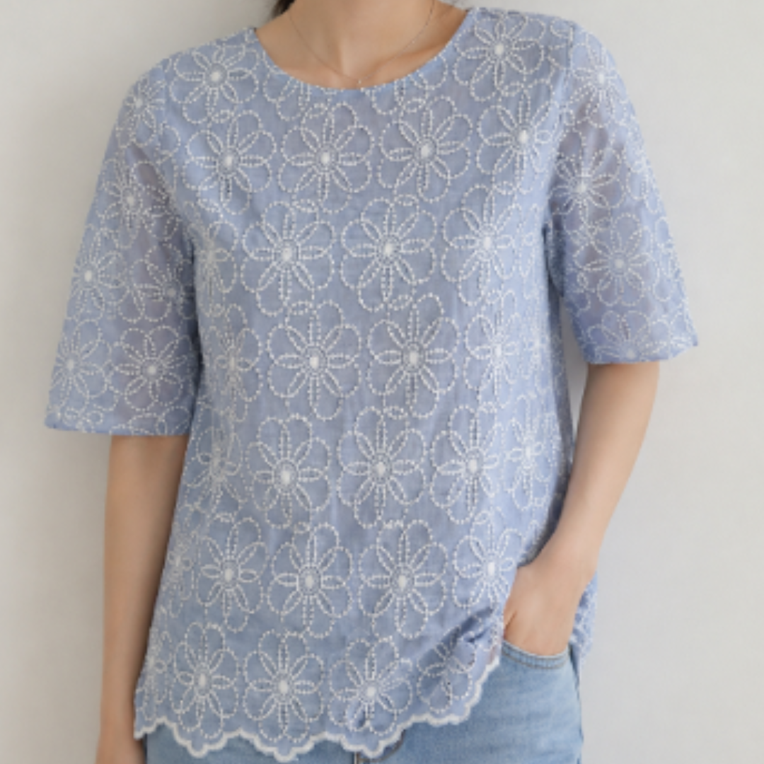 Elegant Korean Puff Sleeve Floral Embroidered Blouse N.9 (Inclusive of all taxes)