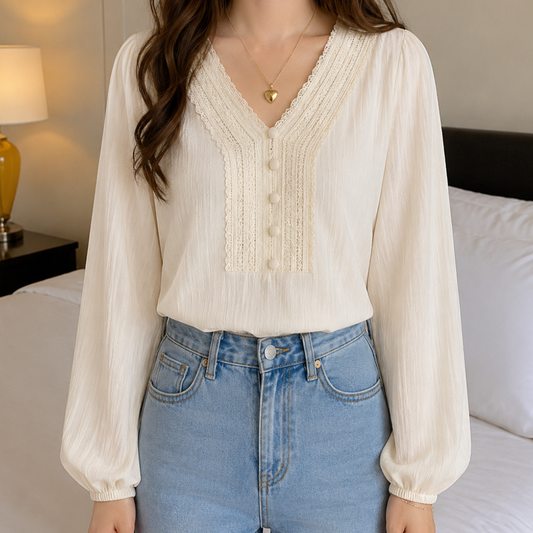 Retro-style V-neck lace long-sleeve blouse N.18 (Inclusive of all taxes)