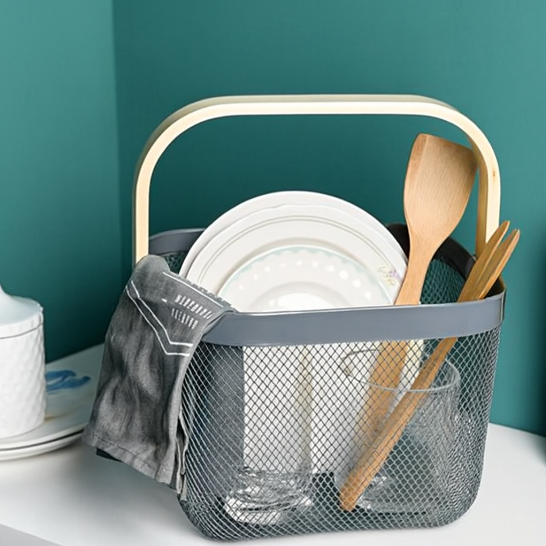 Metal Mesh Storage Organizer Fruit Rectangular Basket, Hanging Shopping Basket Kitchen Basket With Bamboo Handle Ideal For Bathroom, Pantry, Cabinet And Home (23.5 X 24 X 17.5 Cm) 72% off (Inclusive of all taxes)