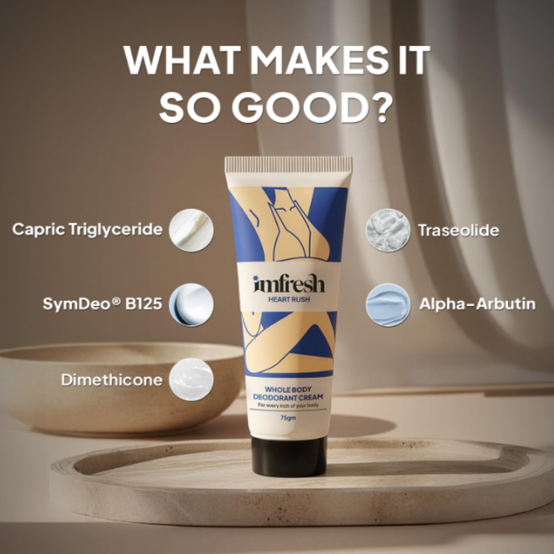 imfresh Heartrush / Deodorant Cream For Whole body / Long Lasting Odour Control / Helps in brightening underarms / Alcohol-Free / No Aluminium/No Parabens 75gm (Inclusive of all taxes)