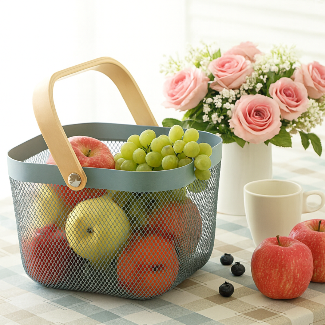 Metal Mesh Storage Organizer Fruit Rectangular Basket, Hanging Shopping Basket Kitchen Basket With Bamboo Handle Ideal For Bathroom, Pantry, Cabinet And Home (23.5 X 24 X 17.5 Cm) 72% off (Inclusive of all taxes)