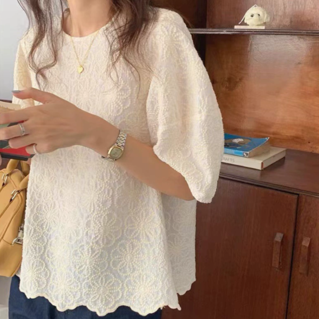 Elegant Korean Puff Sleeve Floral Embroidered Blouse N.9 (Inclusive of all taxes)