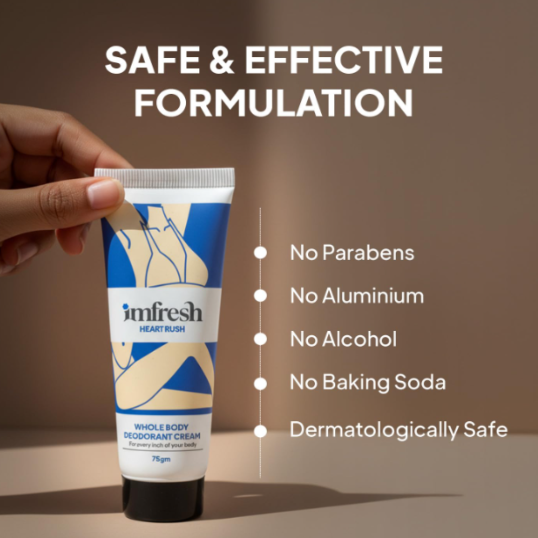imfresh Heartrush / Deodorant Cream For Whole body / Long Lasting Odour Control / Helps in brightening underarms / Alcohol-Free / No Aluminium/No Parabens 75gm (Inclusive of all taxes)