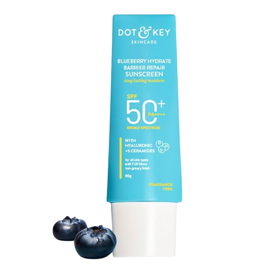 Dot & Key Blueberry Hydrate Barrier Repair Sunscreen SPF 50+ PA++++ | Hydrating Sun Cream for Dry & Sensitive Skin | Non-Greasy, No White Cast, Broad Spectrum UV & Blue Light Protection | 80g