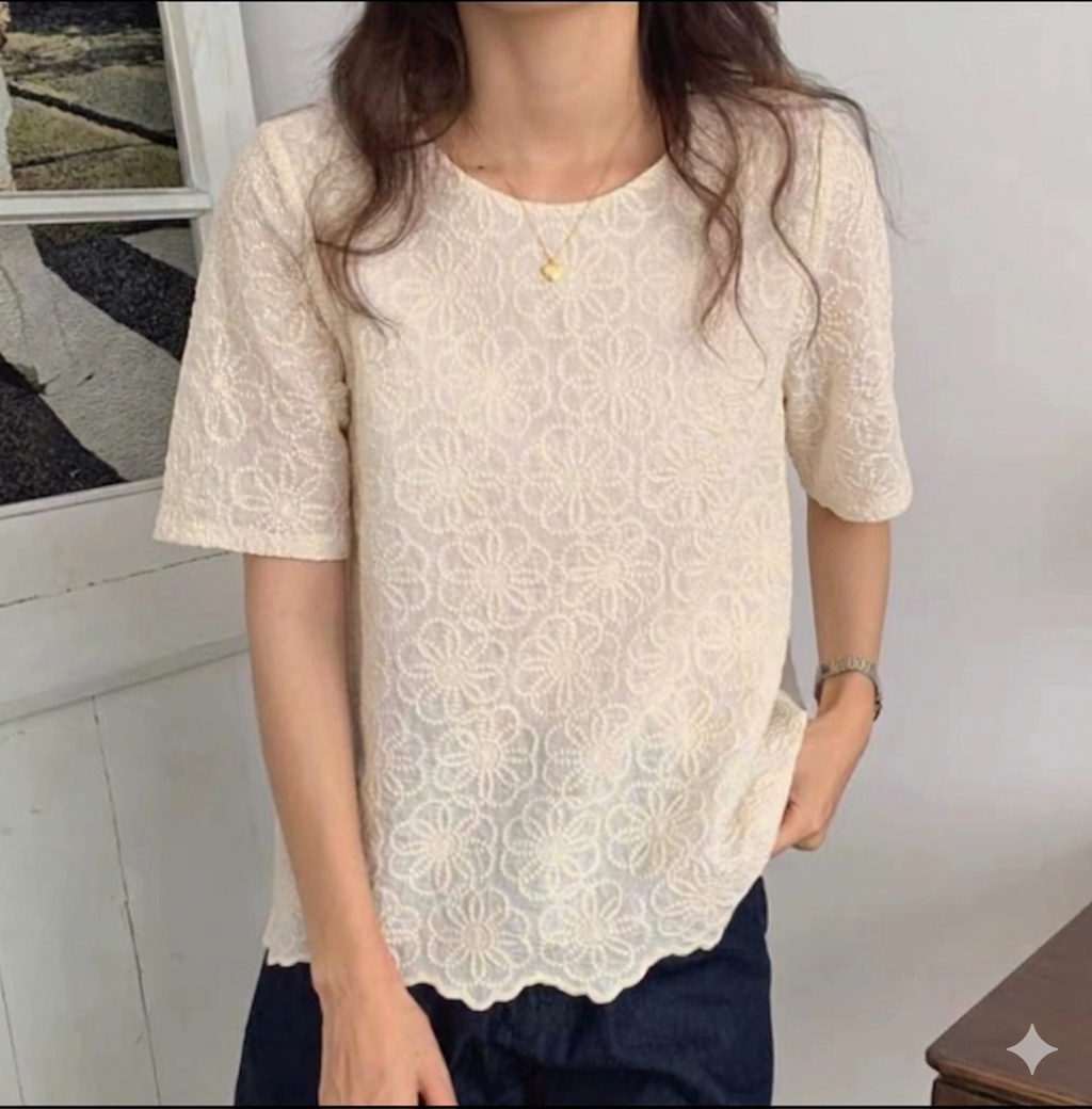 Elegant Korean Puff Sleeve Floral Embroidered Blouse N.9 (Inclusive of all taxes)