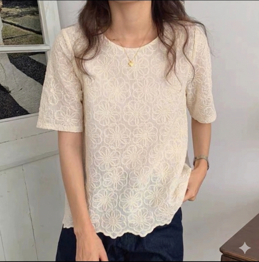 Elegant Korean Puff Sleeve Floral Embroidered Blouse N.9 (Inclusive of all taxes)